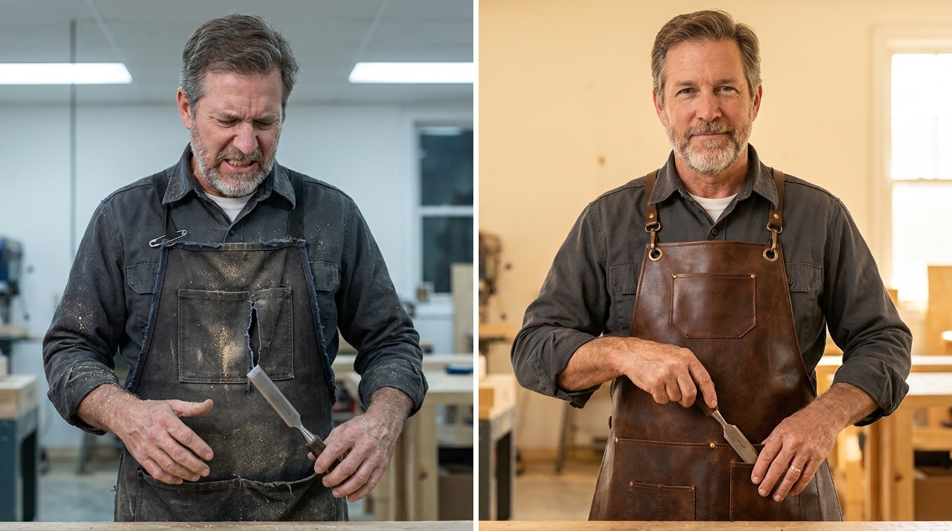 The same worker in a worn apron and in the full-grain one, side by side