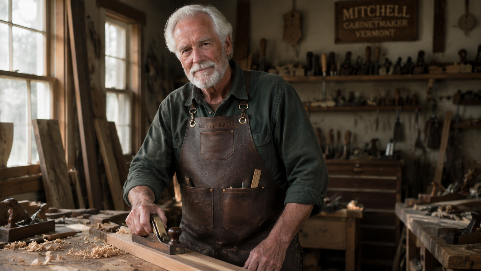 A furniture maker in Vermont wearing the apron at his table
