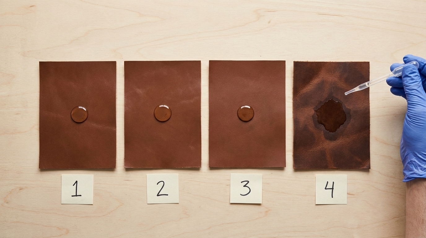 Four leather swatches, one water drop each - only the fourth takes it in