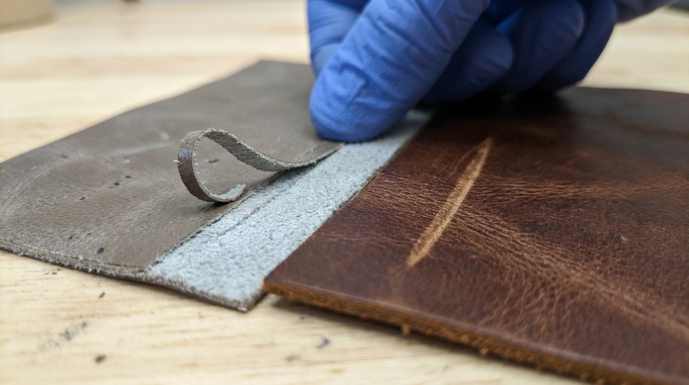 A thumbnail lifts the sprayed coat off the cheap panel, the full-grain one only burnishes